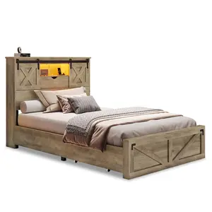 Rustic Oak Twin Size Farmhouse Bed Frame - Wooden Platform Bed with Headboard, 2 Storage Drawers and LED Lights, Indoor Bedroom Furniture