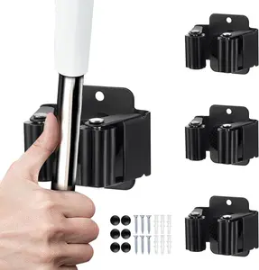 3PCS Broom and Mop Holder, Heavy Duty Garden Tool Organizer Rack Rake and Shovel Handle, Stainless Steel Mop Hanger. Wall Mounted Utility Rack with Screws, Matte Black Installation Hangable