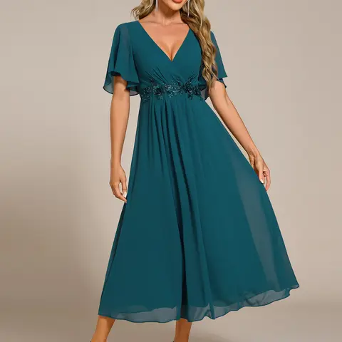 Ever-Pretty 2026 Fall Short Sleeves V-Neck Tea Length Wedding Guest Dress with Floral Applique 02093,sohochic