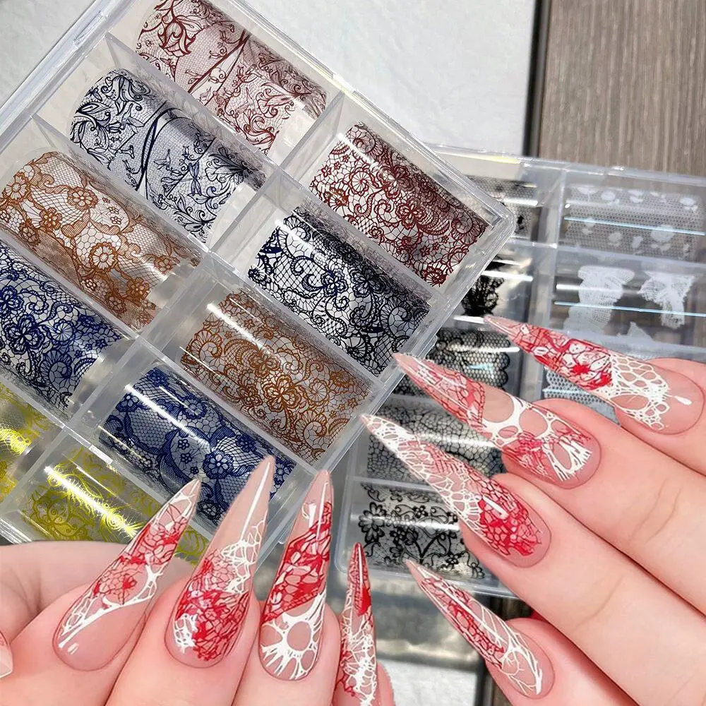 1Box Colorful Lace Nail Transfer Foil Retro French Sexy Red Lace Starry Paper Hollow Floral Patterned Nail Art Transfer Paper