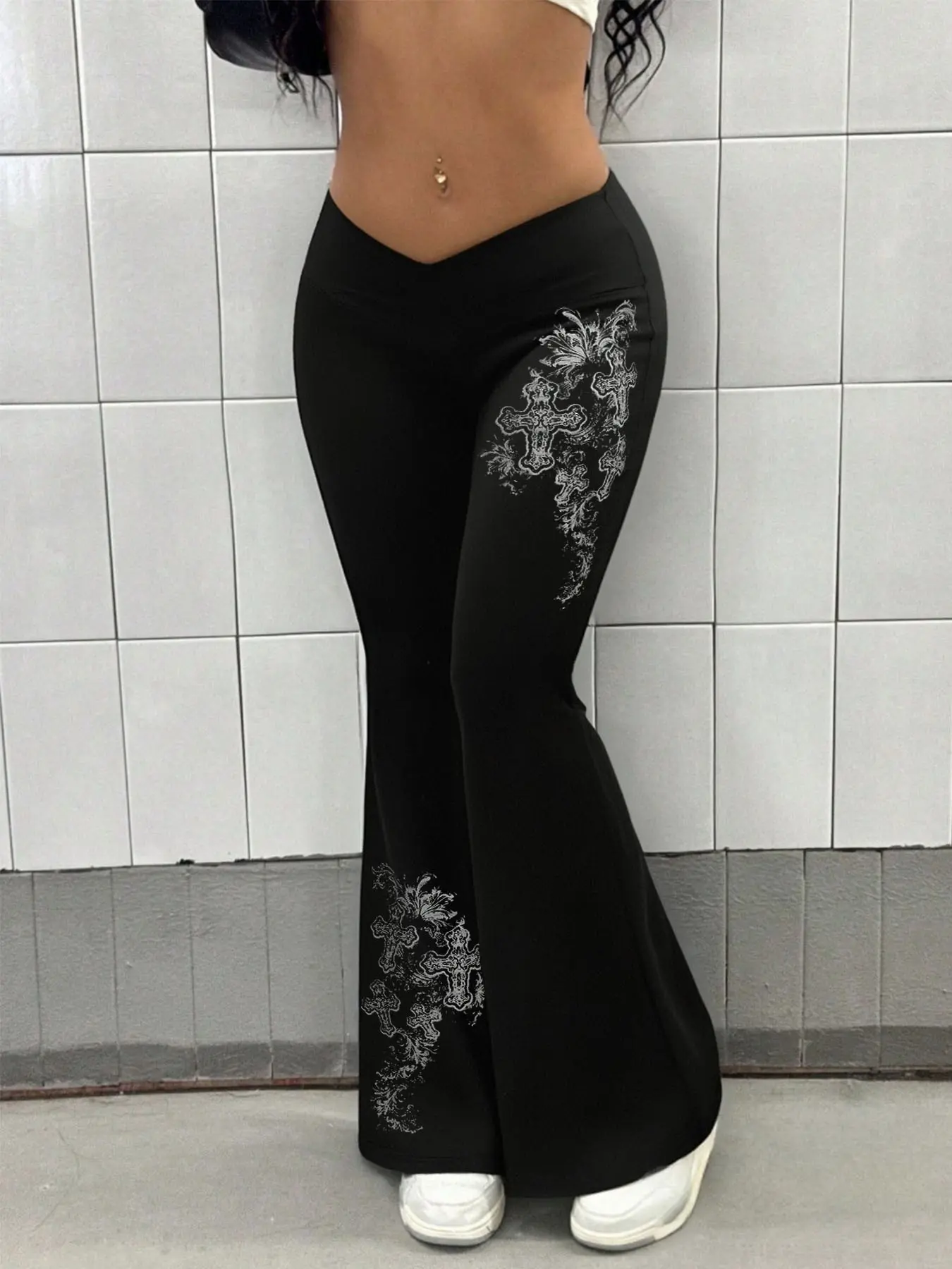 Women's Gothic Flare Pants, Bell Bottom Trousers, Flared, Y2K Retro Style, Streetwear Cross Print Stretch Flare Pants, Casual & Comfy Elastic Waist Design, Year-round Wear for Fashionable Daily Outfits, Bottom, Casual Chic Bottoms, Womenswear