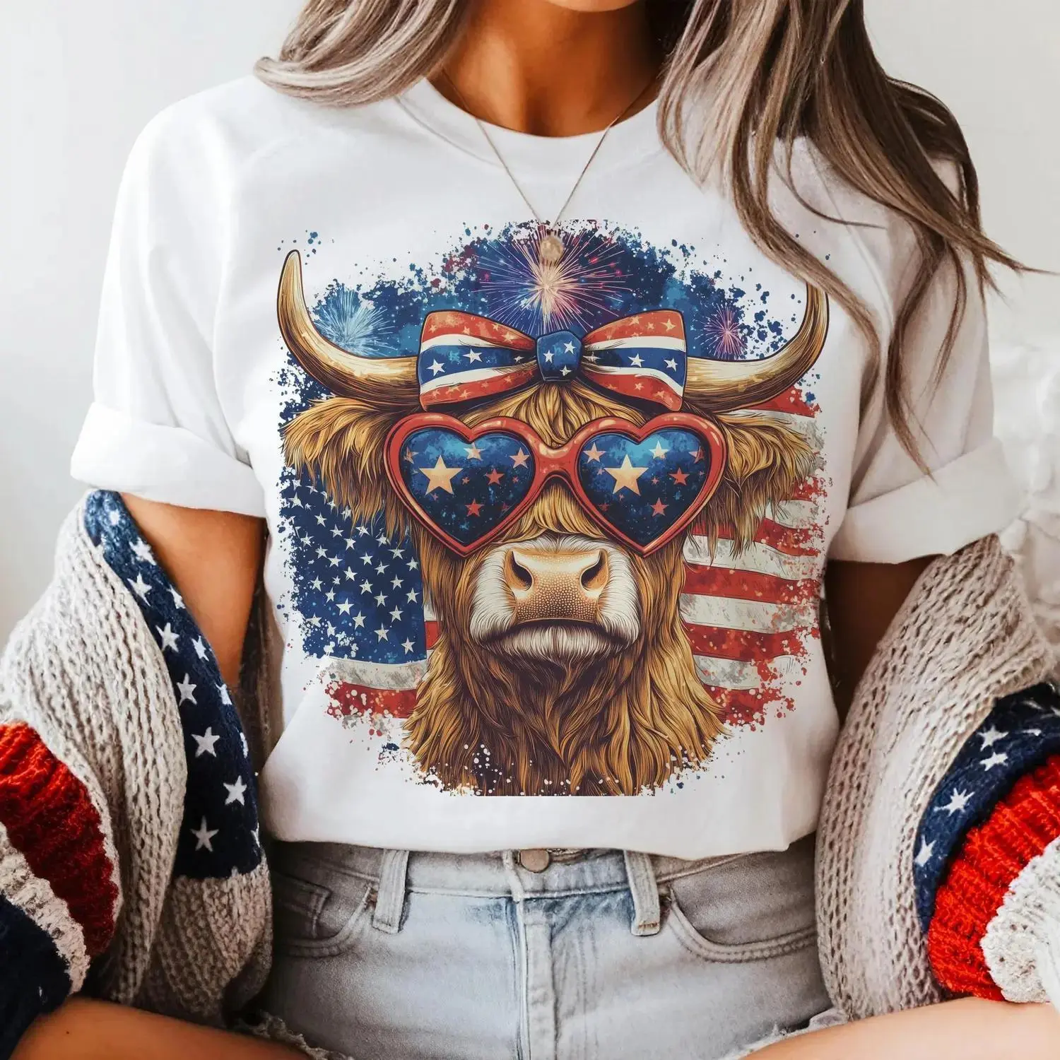 Vintage Western Highland Cow Graphic Tee Featuring American Flag and Sunglasses Patriotic Country Cowprint Casual Unisex Summer T shirt