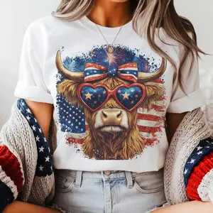 Vintage Western Highland Cow Graphic Tee Featuring American Flag and Sunglasses Patriotic Country Cowprint Casual Unisex Summer T shirt