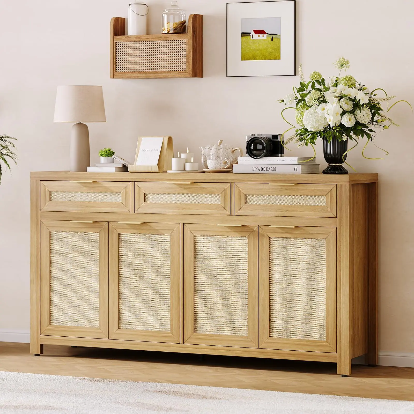 GARVEE 63in Rattan Weave Sideboard Cabinet - Farmhouse Credenza with Natural Texture, 3 Drawers, 4 Doors & Adjustable Shelves for Dining Room, Kitchen (Coffee Bar Storage Solution)