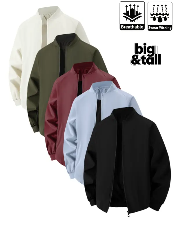 Plain Bomber Jacket for Men, Big & Tall Casual Street Style Tops, Lightweight Loose-Fit Waterproof Menswear for Spring Fall