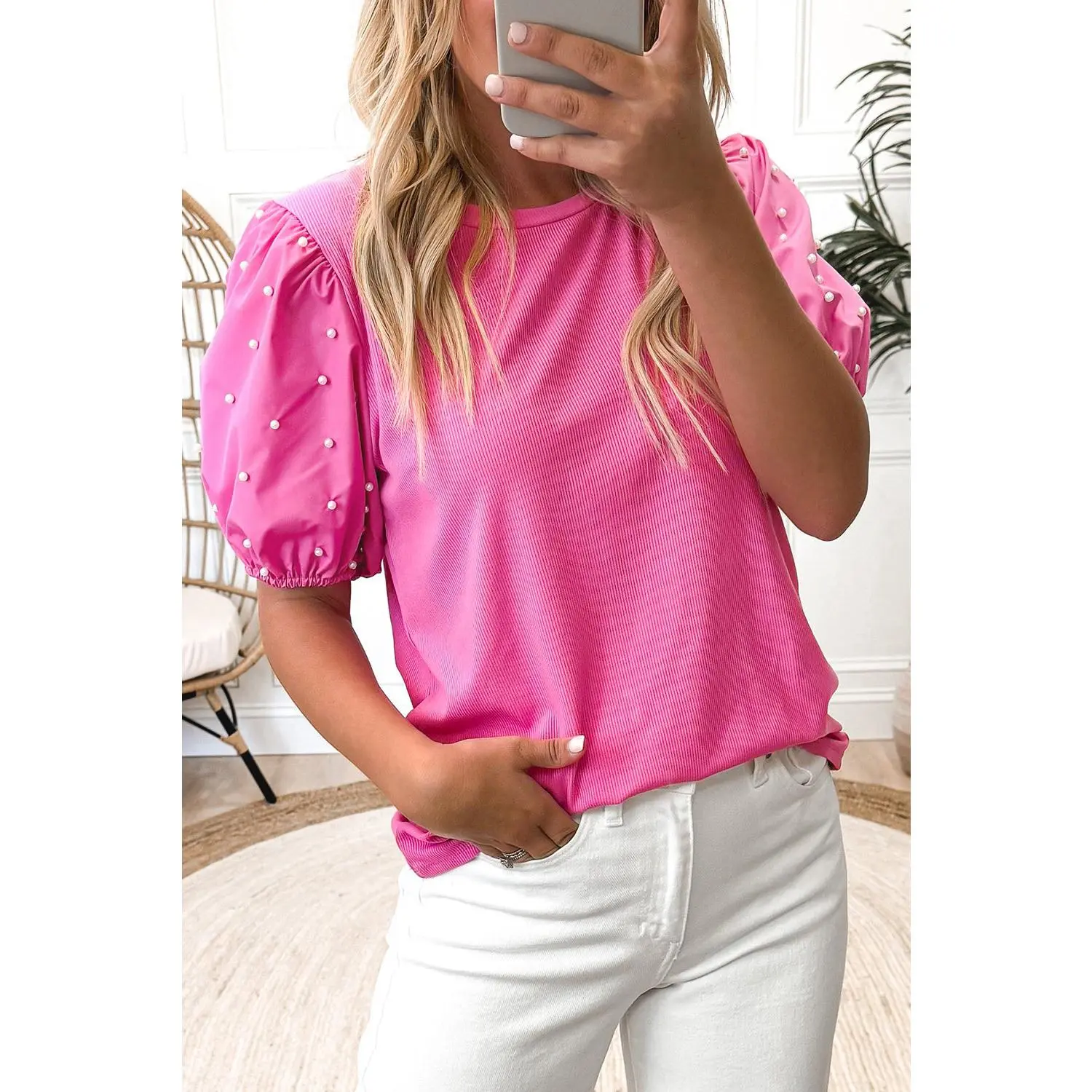 Bright Pink Ribbed Pearl Beaded Puff Sleeve Top