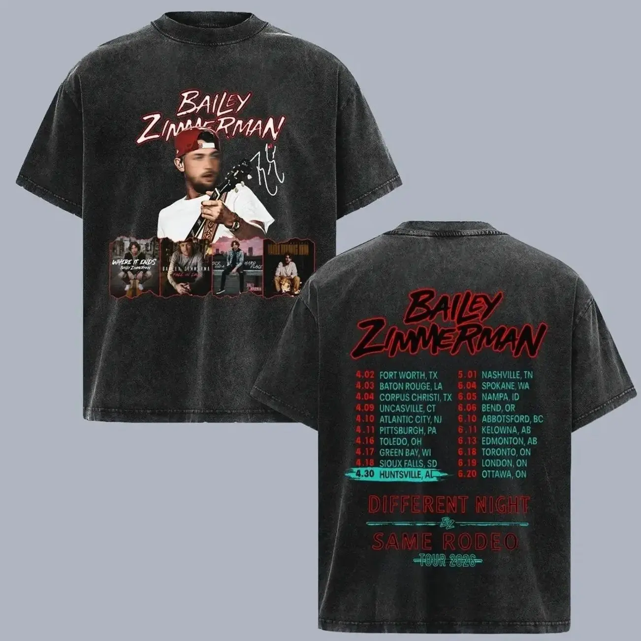 Bailey Zimmerman Different Night Same Rodeo Tour 2026 Vintage Washed T Shirt, Double Sided Country Music Graphic Tee, Album Cover Collage Concert Shirt, Retro Western Cowboy Merch, Oversized Heavyweight Unisex Fan Gift Tee for Country Music Lovers XV3