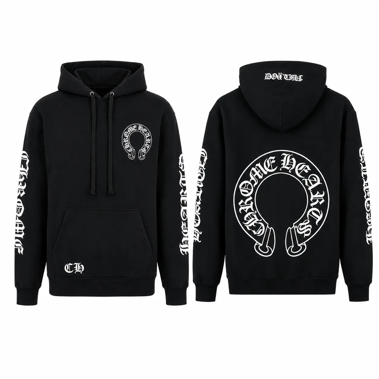 Chrome Hearts Horseshoe Logo Hoodie, Gothic Sleeve Graphic Pullover, CH Streetwear Hooded Sweatshirt