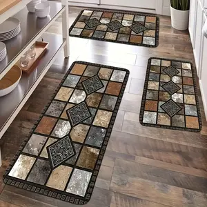 2D Flat 2pcs Brown Kitchen Absorbent Diatomaceous Earth Floor Mats, Vintage Plaid Style Long Rugs, Oil And Non-slip Backing, Fast Drying, Machine Washable, Soft And Comfortable, Suitable For Kitchen, Laundry Room, Bathroom, Hallway, Home Decor Rugs