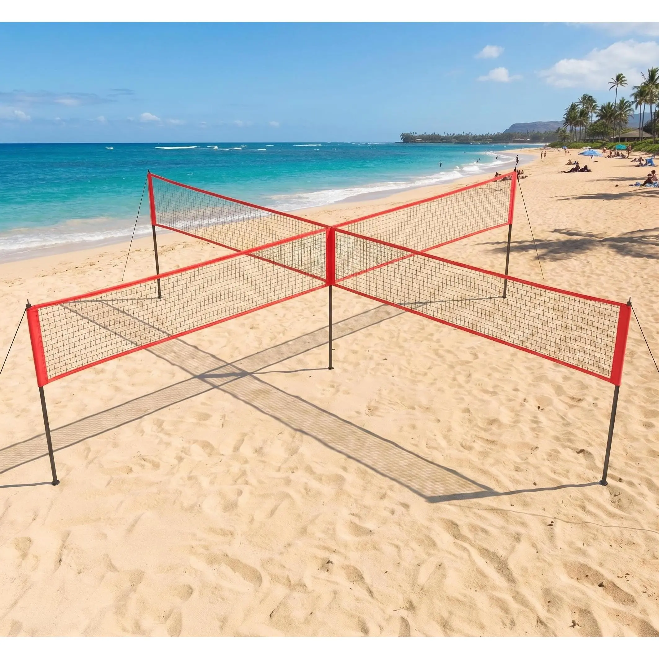 4 Square 14 FT Volleyball Net Set for Backyard Beach, Portable Volleyball Outdoor Game Kits with Adjustable 3 Heights, Four Way Volleyball System with Ball, Pump,Hammer&Bag, for Family Adults Youths
