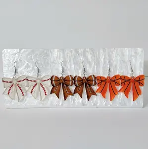 #345 Bow with Baseball, Football, or Basketball Design Earrings, Sports, Athlete, Casual, Acrylic, Game Day