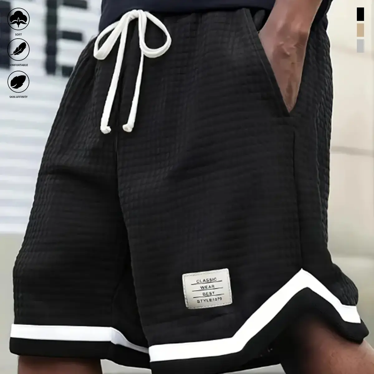 Men’s casual plaid shorts with color blocking, drawstring, multiple pockets — breathable waffle fabric, regular fit, slight stretch, summer outdoor apparel, summer shorts