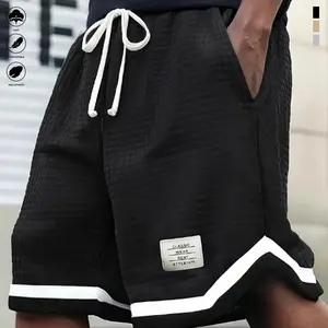 Men’s casual plaid shorts with color blocking, drawstring, multiple pockets — breathable waffle fabric, regular fit, slight stretch, summer outdoor apparel, summer shorts