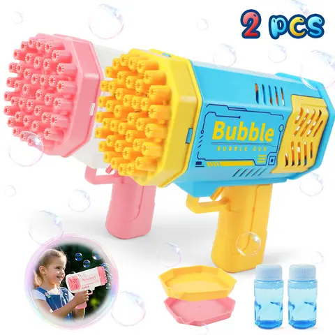 Kids' Unisex Cartoon Plastic 2-Pack 40-Hole LED Colorful Bubble Machines, 2 Liquid Bottles, 5000 Bubbles Per Minute, ABS Control Toys for 3-10+ Years, Family Parties Indoor Outdoor Play