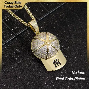 Holylegend 14K Real Gold-Plated Baseball Cap Pendant Necklace for Men and Women, Diamond-Cut Cubic Zirconia Charm, 24” Rolo Chain, Trendy Gold Plated Hip Hop Jewelry Gift