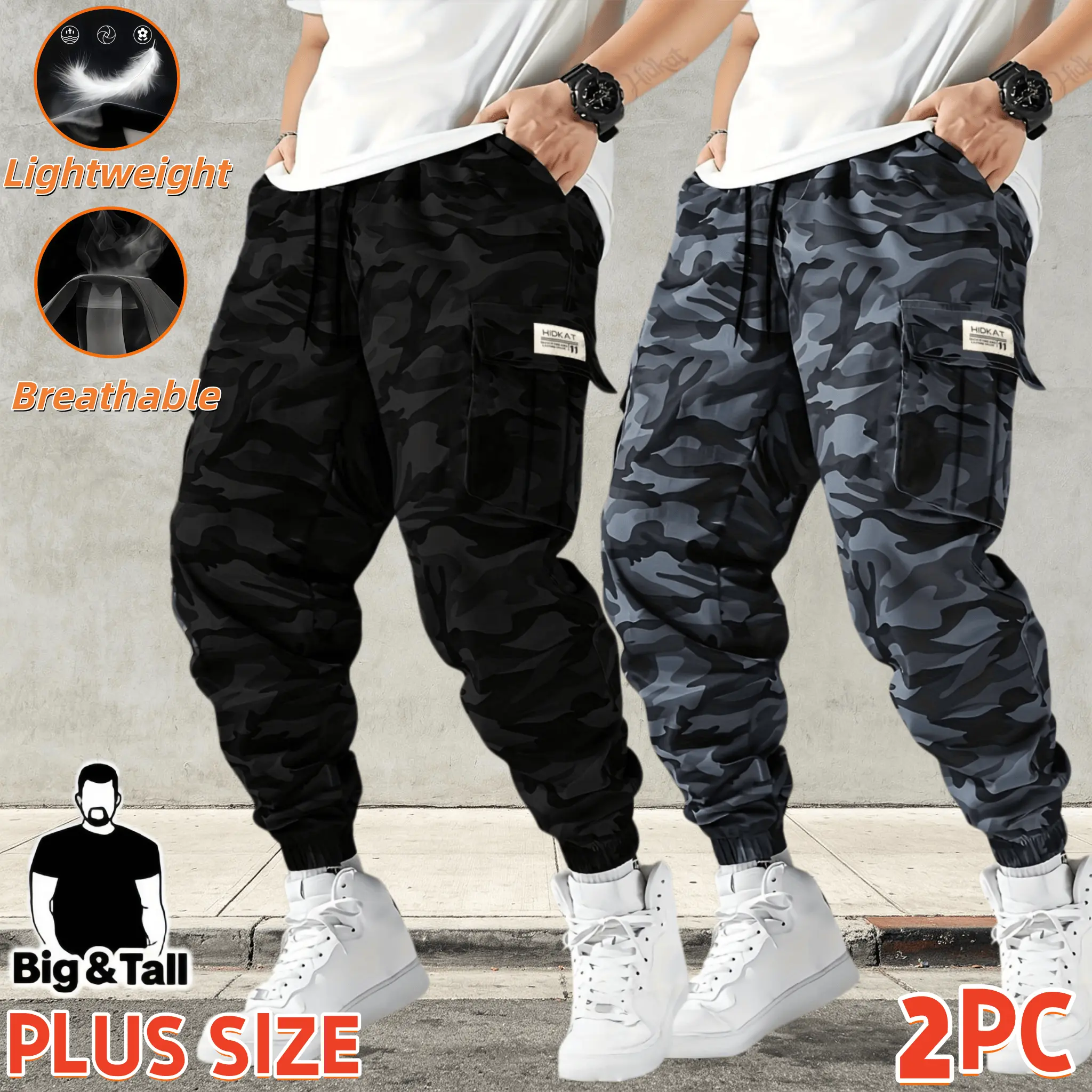 2 Pack Men’s Camo Cargo Jogger Pants, Big & Tall Plus‑Size Camouflage Joggers, Lightweight Breathable Drawstring Waist Trousers, Multi‑Pocket Relaxed Cuffed Ankle Pants, Streetwear Casual Outdoor Daily Bottoms for Men