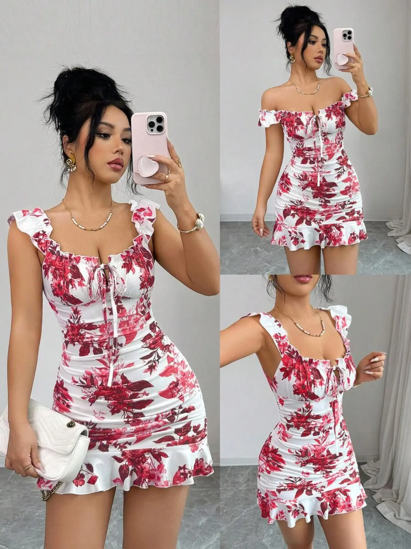 Women's Vintage Floral Print Ruched Hem Slim Fit A-Line Dress, Sleeveless Elegant Sexy French Style Waist Cinch Cocktail Party Formal Summer Wear Elegance Evening Party Dresses