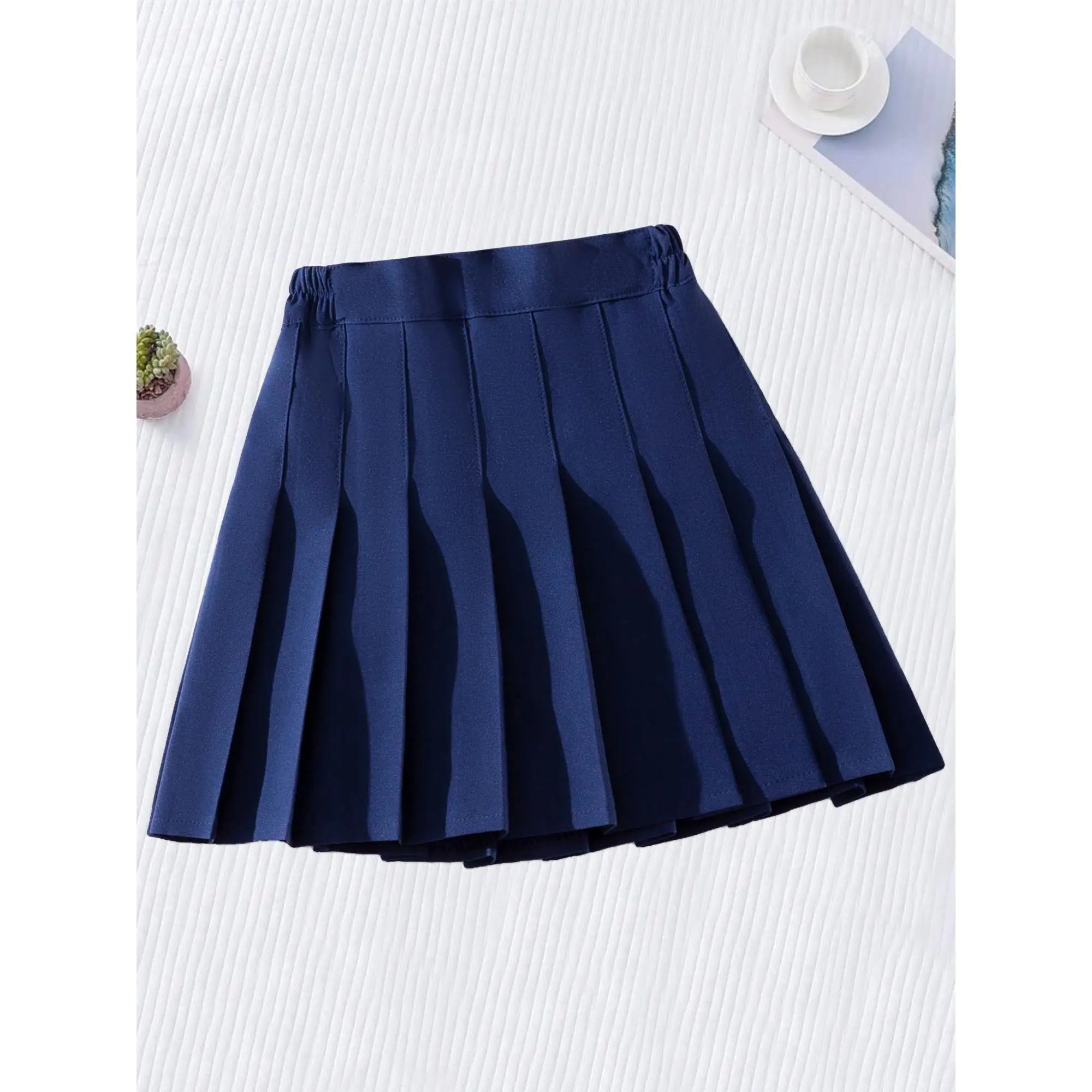 Chic Navy Blue Girls' Pleated Skirt - Preppy Style, 100% Polyester & Spandex Blend, Short Length with Pleats, Machine Washable - Ideal for School & Everyday Fashion in Spring/Fall, Skirts for Girls