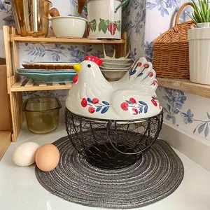 Cute Chicken-Shaped Ceramic Egg Basket, Decorative Multi-Functional Kitchen Storage Box Organiser, Ideal for Eggs Fruits Vegetables, Farmhouse Style