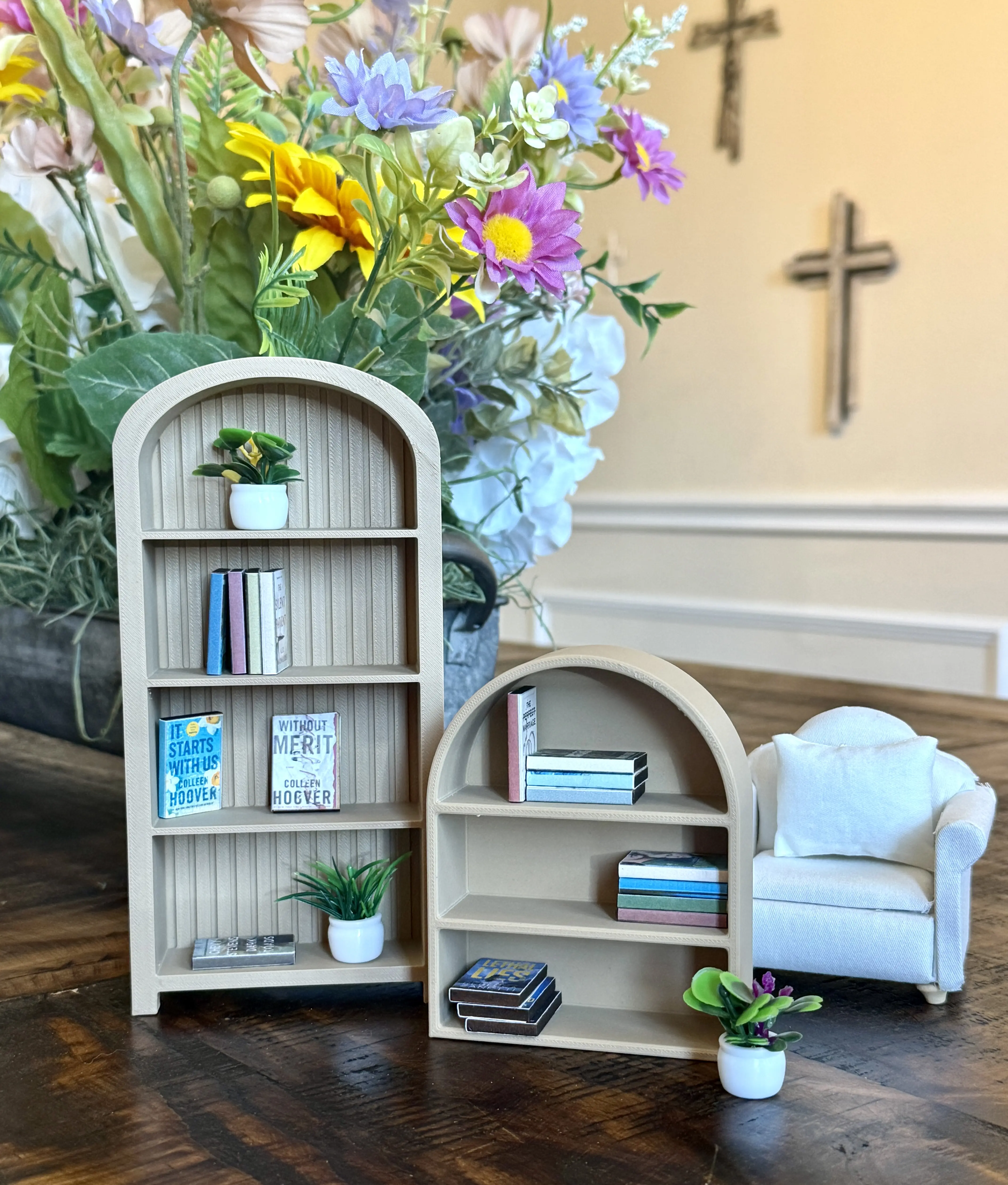 3D Printed Mini Bookshelf | Arched Dollhouse Shelf, Desk Decor, Book Nook Accessory