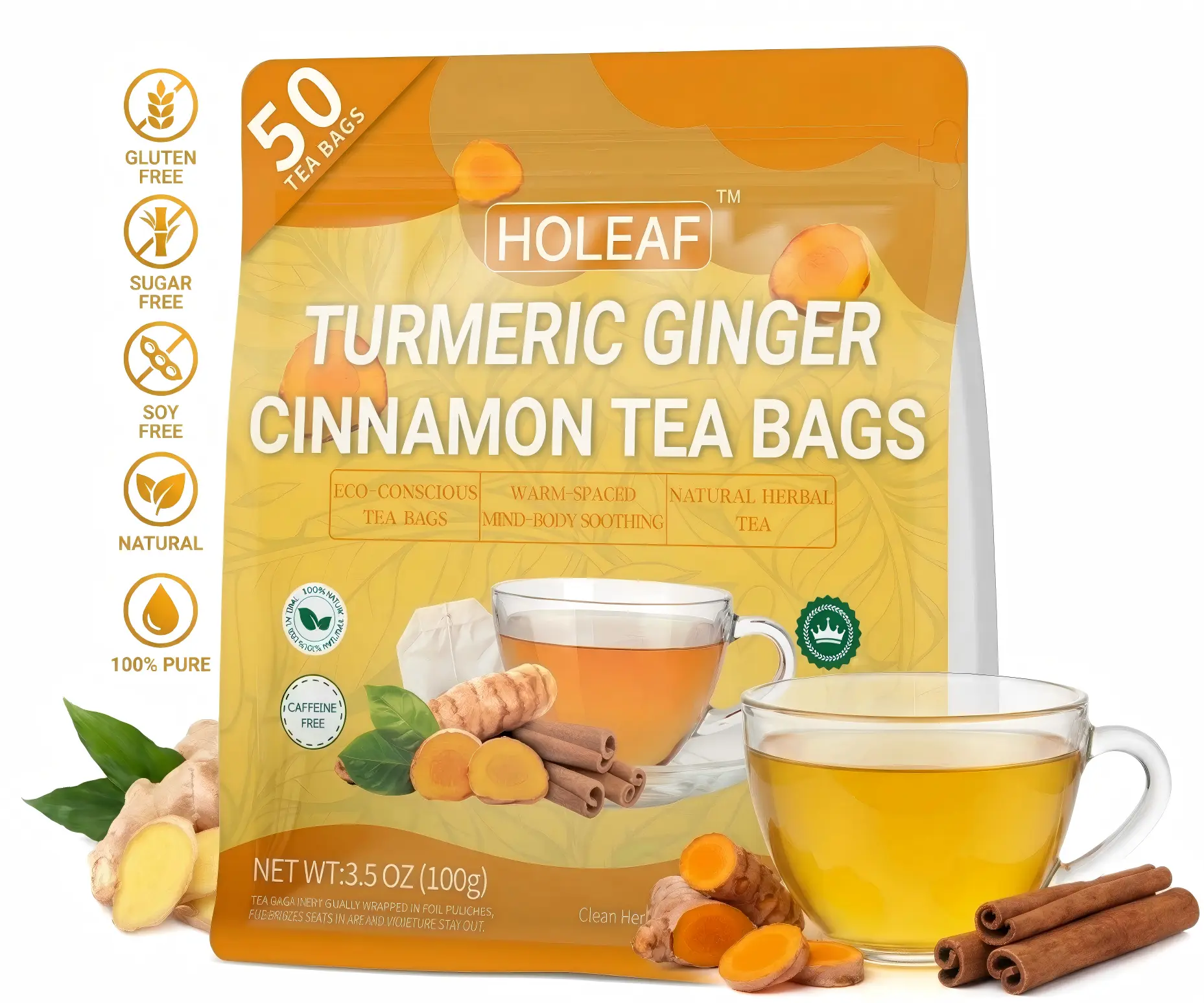 HoLeaf 7-Flavor Herbal Tea Variety Set - Cinnamon, Ginger, Chamomile, Turmeric, Dandelion Root Tea Bags, Smooth 100% Natural Handpicked Beverage for Adults, Sugar-Free, Caffeine-Free, No Additives, Eco-Friendly Packaging