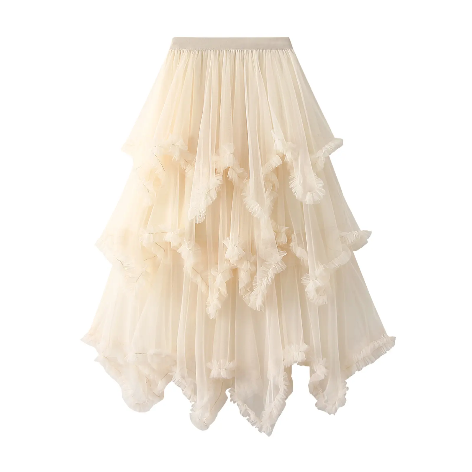 Women's Fashion Tulle Skirt - High-Waist Layered Solid-Color Midi Skirt with Frill Trim, Soft Lightweight Polyester, Multi-Color Options, Comfortable, Light Polyester, Midi Skirts