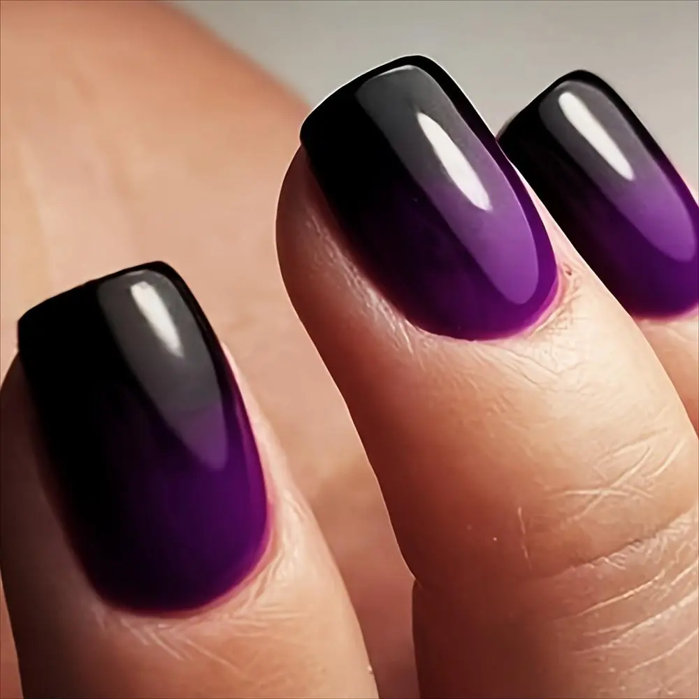 Change Your Nails 24pcs Short Square Purple-Black Gradient Full Coverage Wearable Press-On Nail Tips + Jelly Glue + Nail Wrapping Set Suitable Women/Girls Party Dance Daily Scenes Wear