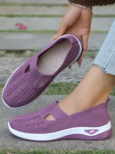 Women's Breathable Solid Sports Shoes, Soft Sole Non Slip Flat Lightweight Slip-On Walking Sneakers, Low Top Knitted Casual Footwear, Breathable Slip Ons