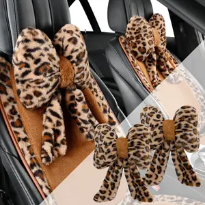 Car Neck Pillow 2PCS Plush Bowknot Car Headrest Pillow – Comfortable Neck Support for Driving Soft Touch Fabric Car Pillow Cute Interior Decor (Leopard Set 4Pcs)