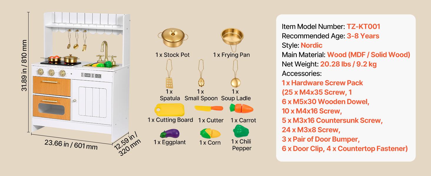 VEVOR Play Kitchen for Kids, Wooden, Kids Kitchen Playset with Real Lights & Sounds, Food & Cookware Accessories, Pretend Play Toy Set, Sink, Oven, Stove, Cabinet, for Toddlers, Girls & Boys Ages 3-8