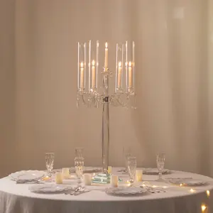 Crystal 4-Arm Candelabra Taper Candle Holder with Hurricane Glass Shades – Table Centerpiece with Pedestal Base & Hanging Crystal Accents - 38" Tall