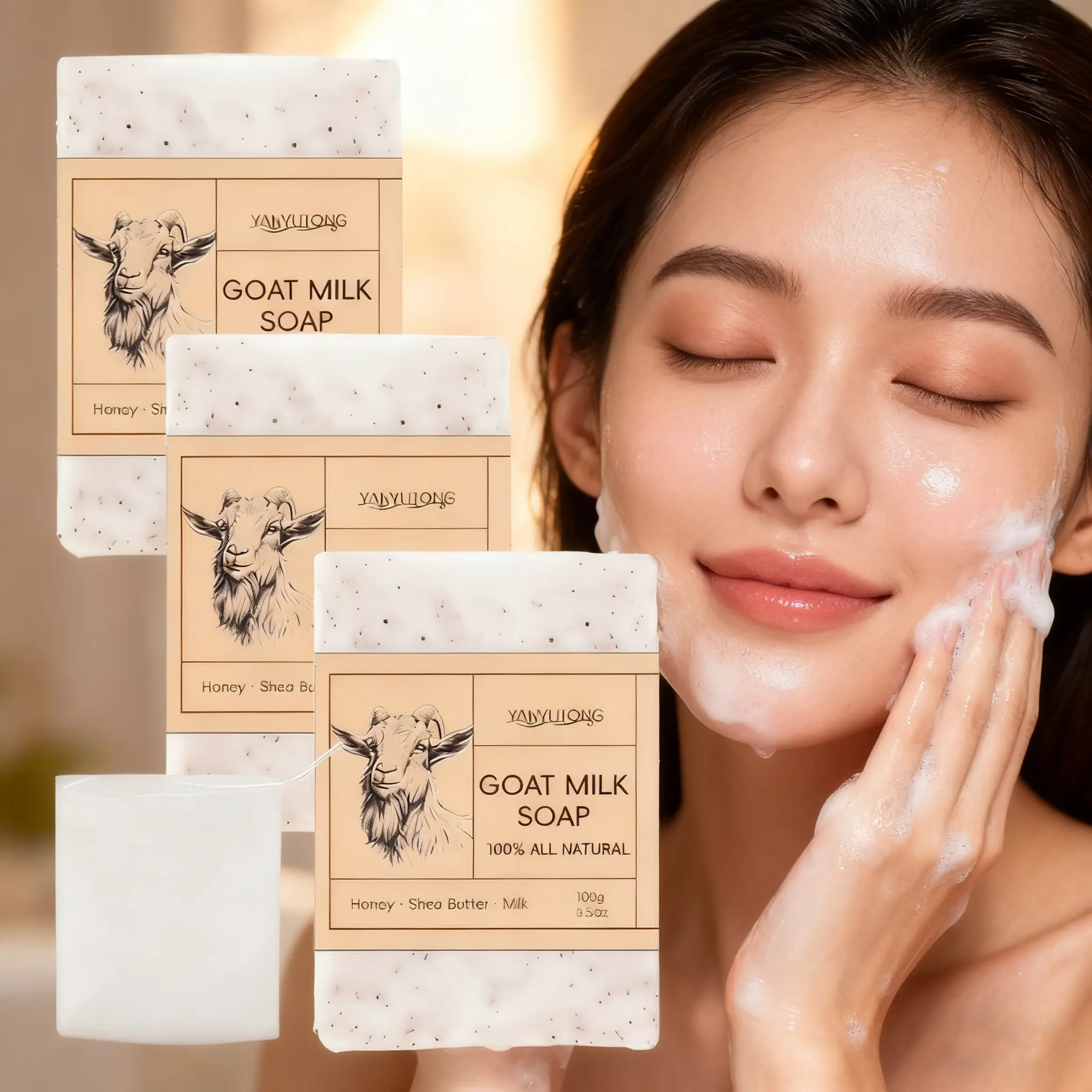 3-Pack 100g Goat Milk Soap, Cleanser with lather net, natural ingredients like goat milk, coconut oil & shea butter, Moisturizing, Cleansing, Nourishing, foams easily, deep cleans pores, balances oil, suitable for all skin types, face & body care, unisex