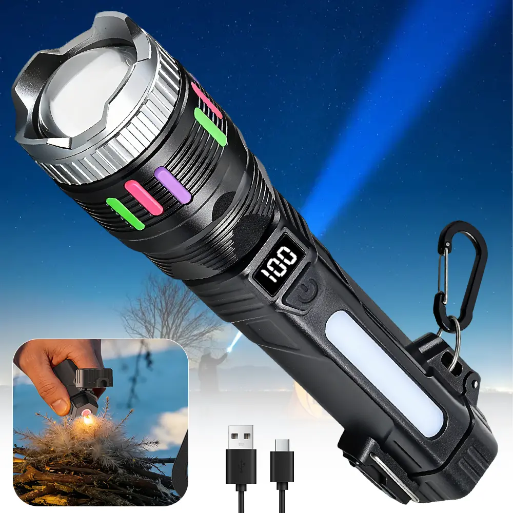 Lgnition Function Flashlight 2400-Lumen 2-in-1 Digital Display Flashlight—Rechargeable, Zoomable, Waterproof, and Adjustable Brightness—Ideal for Outdoor Camping and Emergency Situations.tiktokshopsummersale