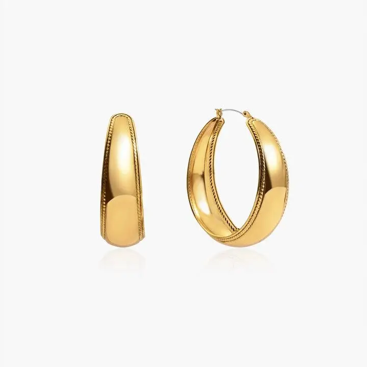 en route 18K Gold Plated Orin Large Hoop Earrings in Gold, Polished Gold Finish with Rope-Textured Trim, Bold Statement Piece for Powerful and Fluid Styling