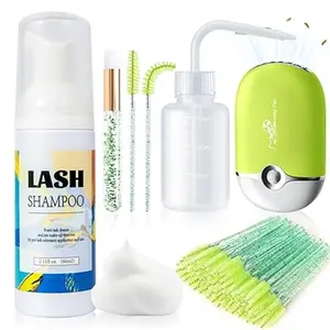 Lash Shampoo 60ml - Gentle Foam Eyelash Extension Cleanser with USB Lash Fan Dryer, Mascara Brush & Mini Lash Fan Rinse Bottle for Home Use