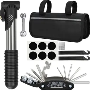 Bicycle repair bag with tire pump, portable tool kit, suitable for camping trips - patch, inflator, maintenance integrated safety kit