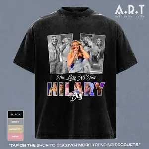 Hilary Duff The Lucky Me Tour Cotton Fitted Crew Neck Washed T-Shirt, Y2K Pop Concert Collage Graphic Tee Wash, 2000s Vintage Music Merch Gift For Unisex