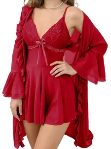 Women's Mesh Sheer Pajama Set Nightgown with Robes 2 Piece Sexy Cami Lace Nightdress with Robe Sleepwear