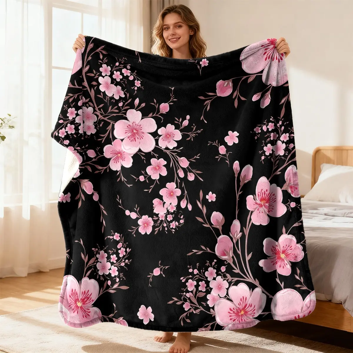 Pink Cherry Sakura 3D Flower Flannel Throw Blanket - Fluffy, Warm, Black Background, Multi-Size - Adorable Style Art Print Blanket for Bedroom, Sofa - Ideal Gift for Women on Birthday, Housewarming Home Decor Essential, Fluffy Blankets, 3D Flower Blankets