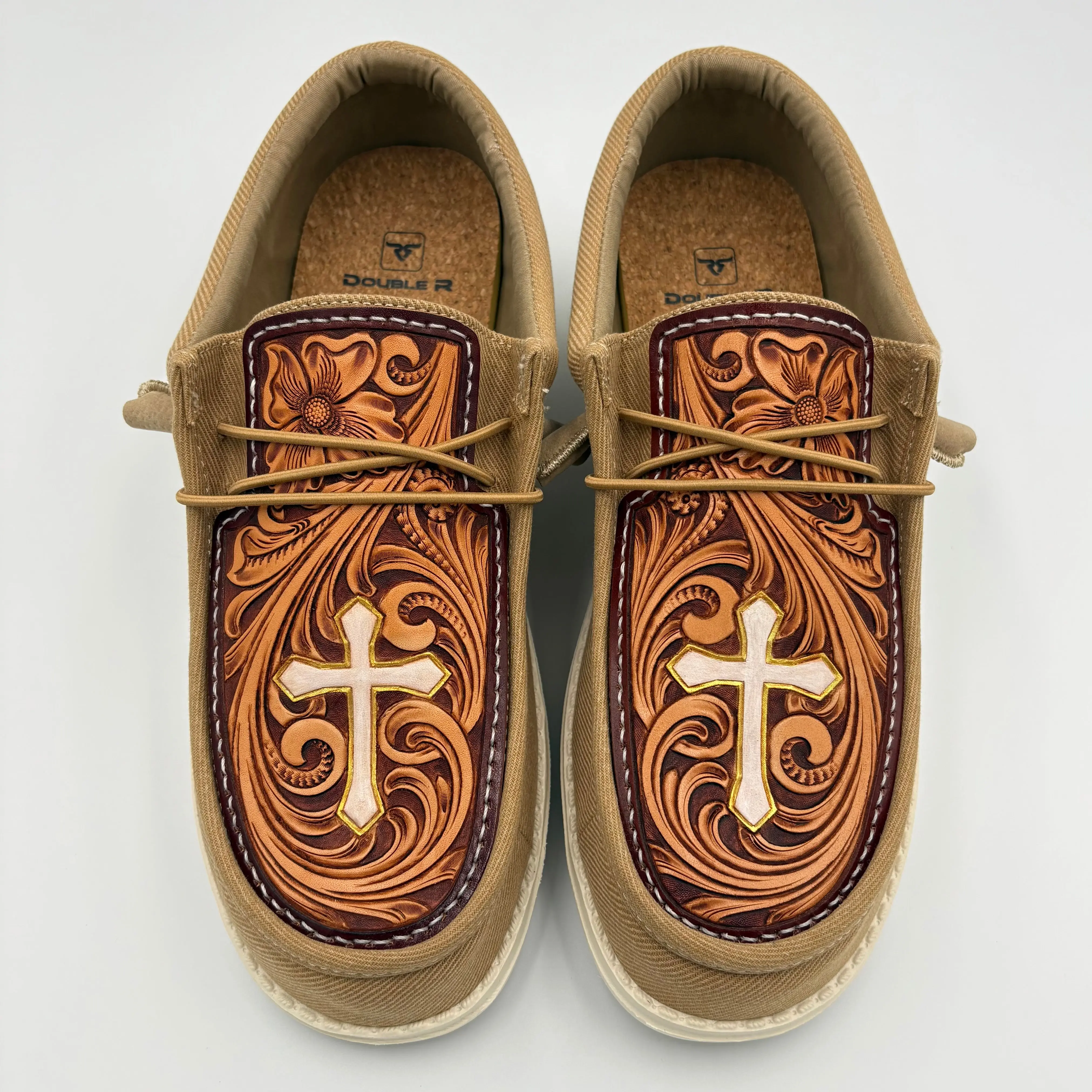 Double R Western Tooled Leather Shoes (Khaki - Cross)