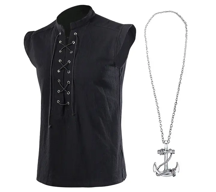 OEBLD Menswear Classic Linen Long Sleeve Gothic Shirt - Sleeveless Lace-Up Stand Collar Pirate Tunic, Medieval Renaissance Viking Steampunk Special Occasion Clothes, Formal