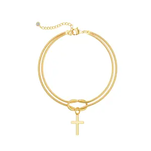 TEWIKY 14K Gold/Sliver-Plated Double-Layer Bracelet with Cross Pendant Knotted Clasp Snake Chain Easter Gift for Various Occasions