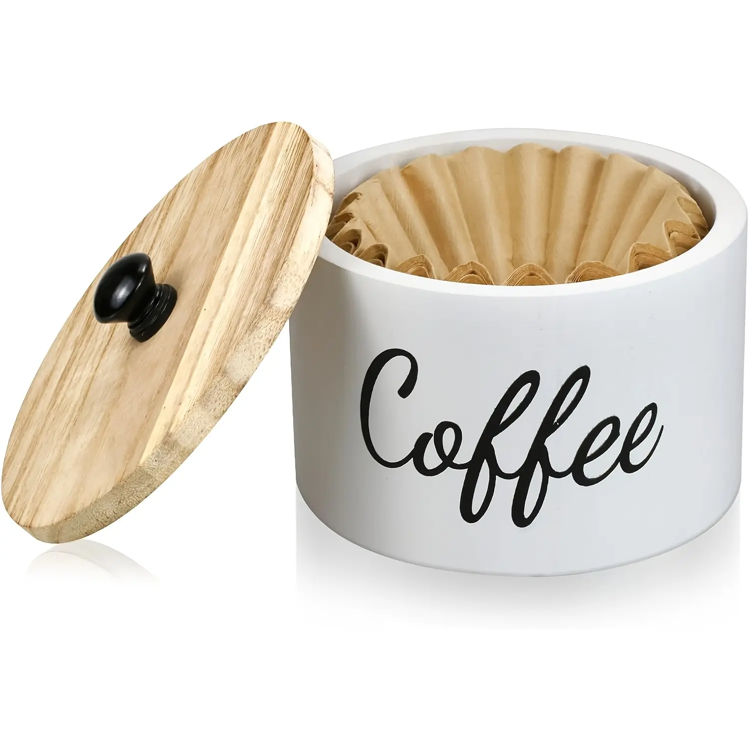 White Wooden Coffee Filter Holder with Lid - 50-Count Capacity Organiser, Basket Storage Container for Counter, Rustic Farmhouse Cafe Decor
