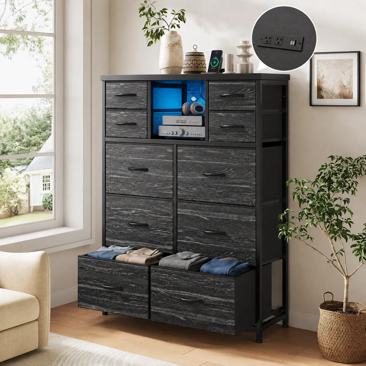【Summerwins】Raybee Lightweight 10 Fabric Drawers Dresser for Bedroom with Charging Station,45‘’ Sturdy Frame TV Stand & Storage Organizer for Living Room,Easy assembly,Easily Take Apart & Put Back,Serial Movers Picks,Apartment Essentials,Kids room,Nursery