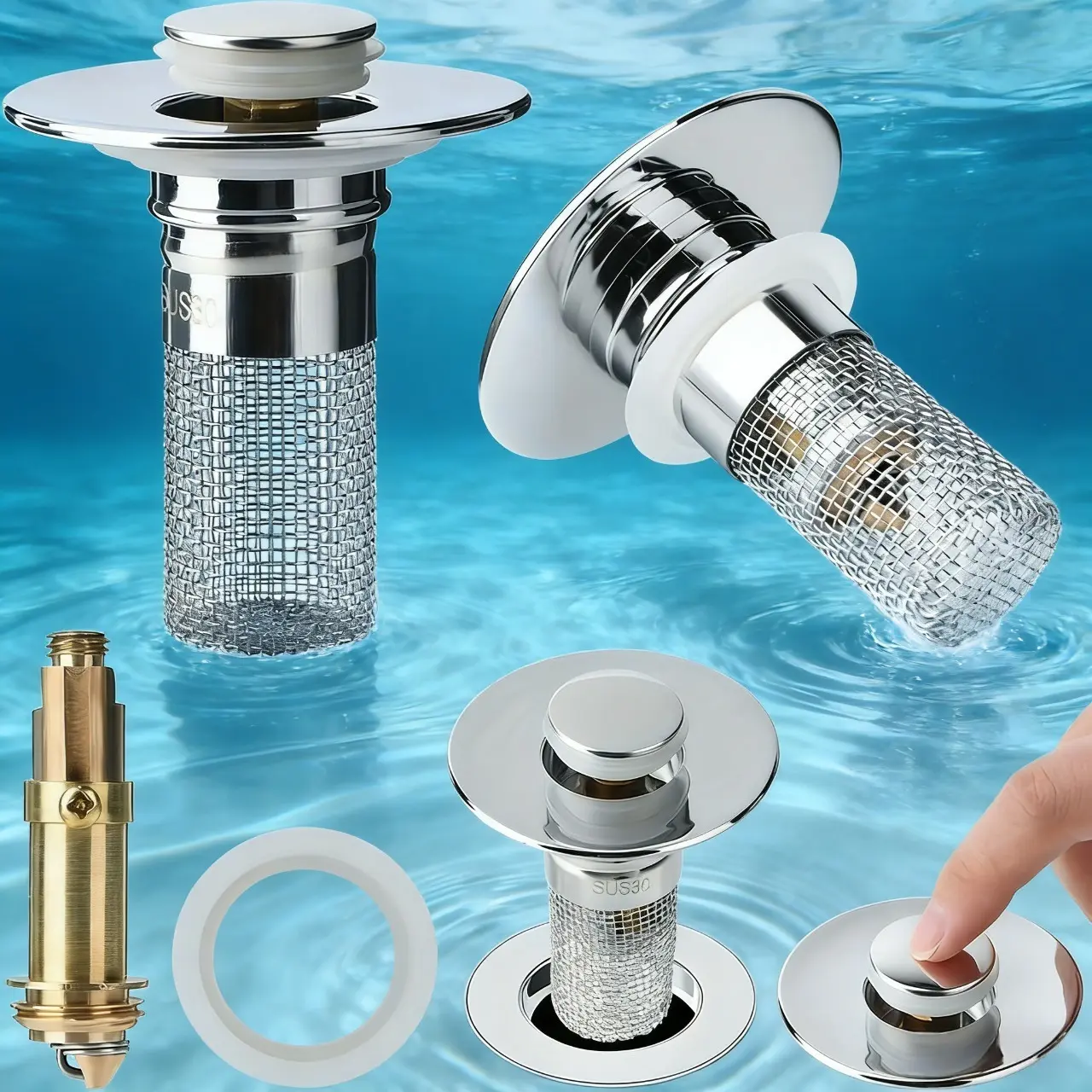 Stainless Steel Bathroom Sink Drain Filter - 2 in 1 Upgraded Brass Durable Model, 1.1-1.45 Inches, Stops Clogs & Odors for Sinks, Tubs