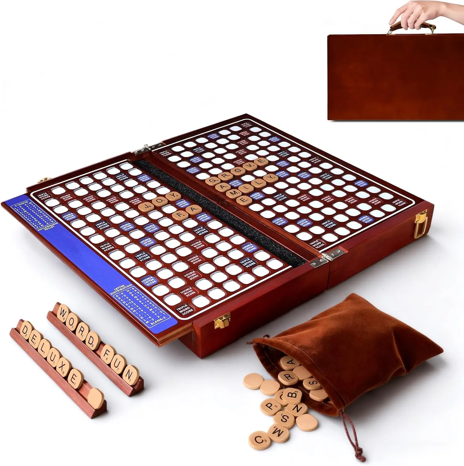 Deluxe Wooden Crossword Board Game with Rotating Board, Foldable & Portable Design, Large-Sized Board, Built-in Storage, for 2-4 Players, Includes: Letter Tiles, Wooden Racks, Scorepad Set, Hourglass