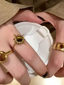 3 Piece set  Vintage Metal Asymmetrical Texture Tiger Eye Stone Flower Design Rings, Artistic Aesthetic Rings for Women | Natural Crystal Healing Energy Jewelry, Unique Gift for Girlfriend, Best Friend, Her, Natural Gemstone Ring