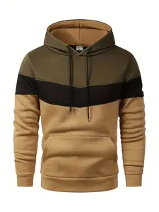 Men's multi-color patchwork hooded sweatshirt, casual loose warm long sleeved pullover, as a gift