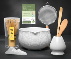 Matcha Kit Whisk Set (7 Pcs) - Complete Matcha Set, Matcha Bowl with with Bowl, Whisk and Holder,  Spoon/Scoop, Scoop Rester and Sifter incl. Booklet