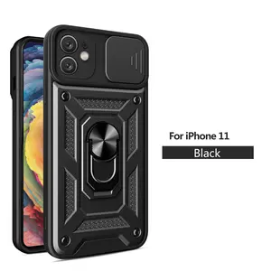 For iPhone 11 Shockproof Armor Hybrid Ring Back Cover Slide Camera Lens Protection Cover Shockproof Armor Case